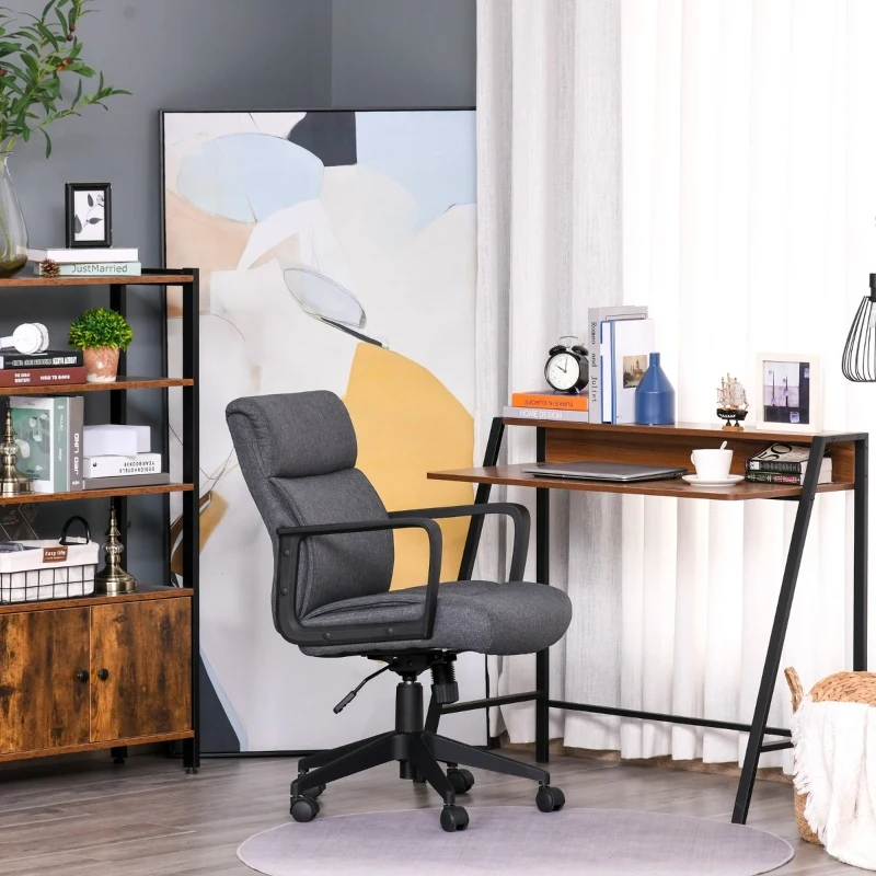 Vinsetto Mid Back Linen Fabric Home Office Chair, Computer Task Chair with Ergonomic Lined Wide Seat, Thick Padding, and 360° Swivel Wheels, Gray