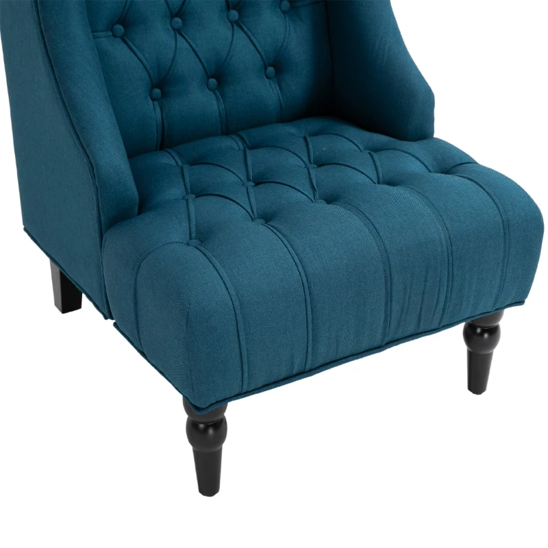 HOMCOM Linen Fabric Button Tufted Wingback Accent Chair with Thick Padded Cushioned Seats and Wooden Legs for Living Room and Bedroom, Dark Blue