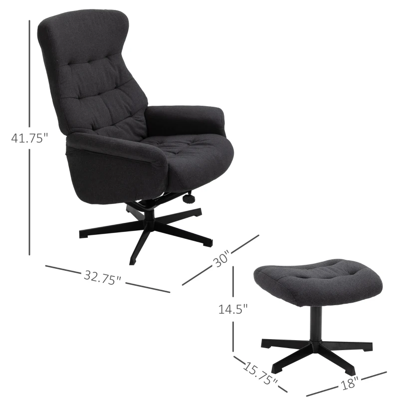 HOMCOM Fabric Recliner with Footrest - Modern Elegant Reclining with Sturdy Metal Base - Thick Padded Cushion - Dark Grey