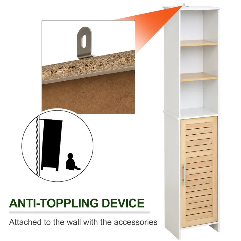 kleankin Tall Bathroom Floor Cabinet, Freestanding Linen Tower with Adjustable Shelf and Cupboard, Narrow Side Storage Organizer, Natural Wood