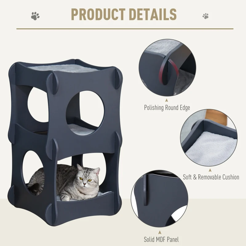 Pawhut Multi-level Wooden Cat House Kitten Bed Furniture with Removable Soft Cushion for Rest, Dark Grey