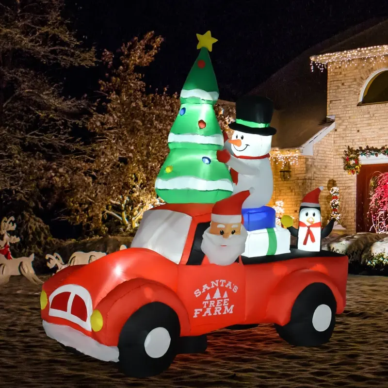 HOMCOM 7.5ft Christmas Inflatable Santa Claus Driving a Truck with Snowman, Penguin and Tree, Outdoor Blow-Up Yard Decoration with LED Lights Display