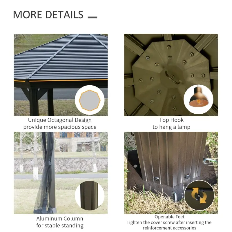 Outsunny 15' x 15' Octagon Hardtop Gazebo with Galvanized Steel Roof, Aluminum Frame, Permanent Pavilion Outdoor Gazebo Canopy with Netting for, Patio, Garden, Backyard, Deck, Lawn, Black