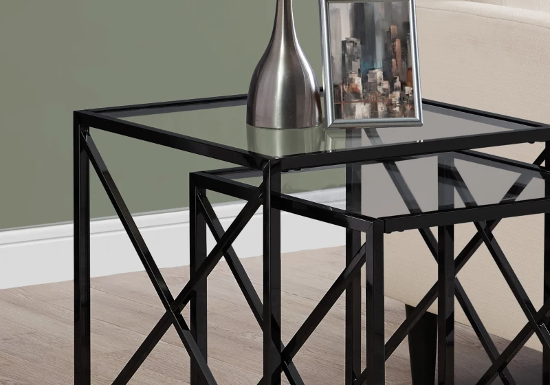 Monarch 2 Piece Contemporary Tempered Glass Nesting Accent Side End Table Set with X-Design Metal Base - Black Nickel