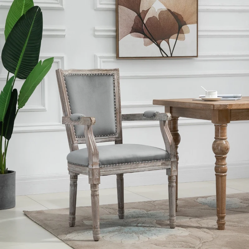 HOMCOM Vintage Dining Chair with High Back, Thick Sponge Padded Seat and Section Armrest with Wood Frame, Gray