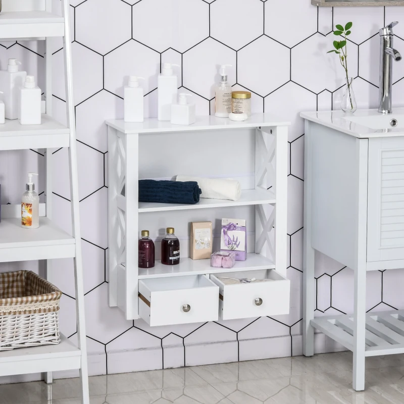 kleankin Wall Mount Bathroom Storage Rack with Open Shelves and Drawer Wooden Cabinet Organizer for Bathroom - White