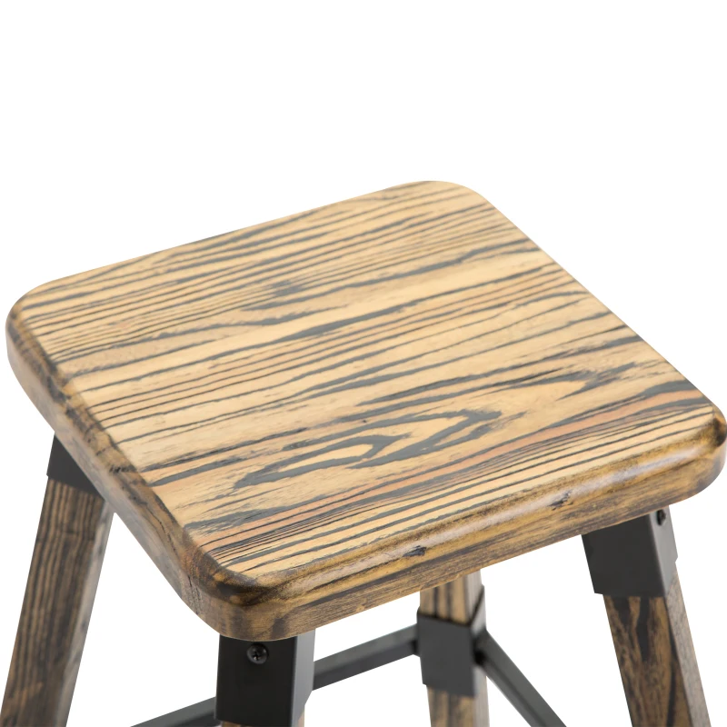 HomCom 2 Piece 24" Tall Rustic Industrial Armless Square Wood Top Bar Stool Set - Black / Woodgrain