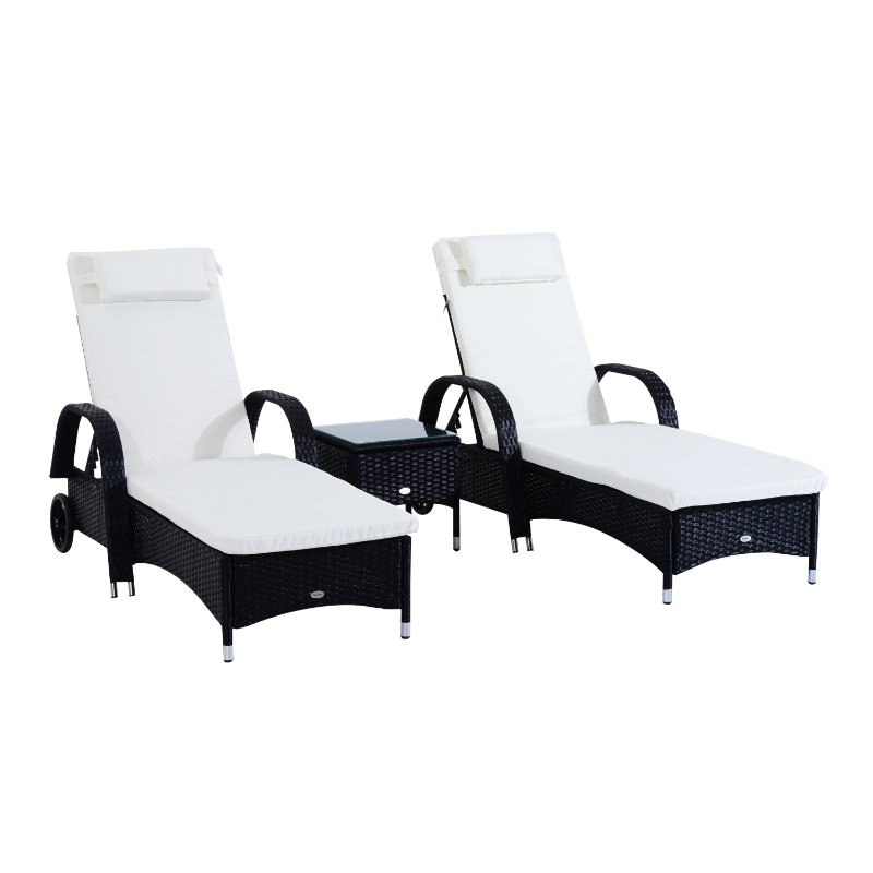 Outsunny 3 Pieces Patio Wicker Chaise Lounge Chair Set, Adjustable Outdoor PE Rattan Cushioned Lounge Set of 2 with Armrests, Side Table & Moving Wheels, Black