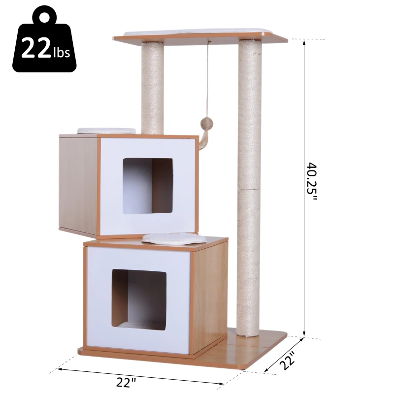 PawHut 40" Modern Cat Tree Multi-Level Scratching Post with 2 Cube Cave Enclosures - Oak Wood and White