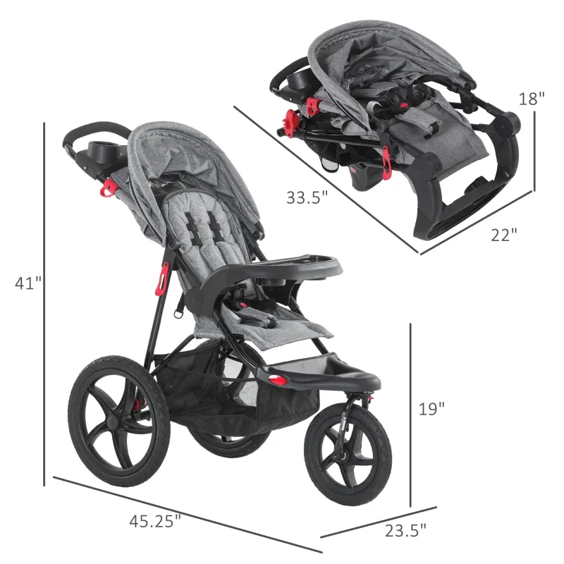 Qaba Baby Stroller Foldable Carriage for Toddler with Adjustable Backrest and Canopy Suspension System Rubber Tire 5-Point Harness Cup Holder Storage Basket Grey