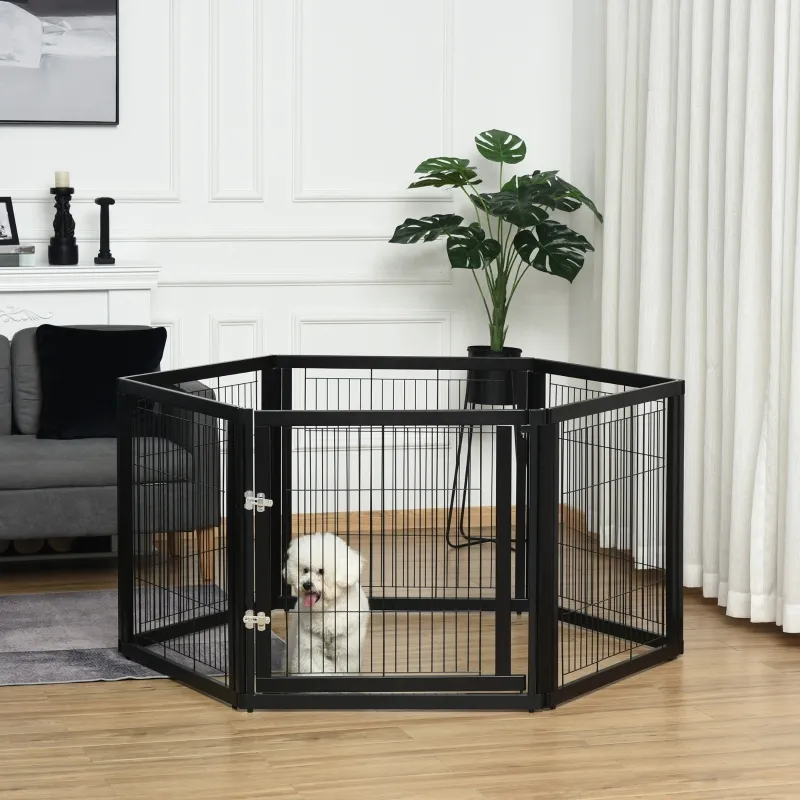 PawHut Transformable Pet Playpen 6 Freestanding Panels Gate Fireplace Christmas Tree Fence Stair Barrier Room Divider with Walk Through Door Wooden Frame Metal Mesh Black 63'' x 54.5'' x 31.5''