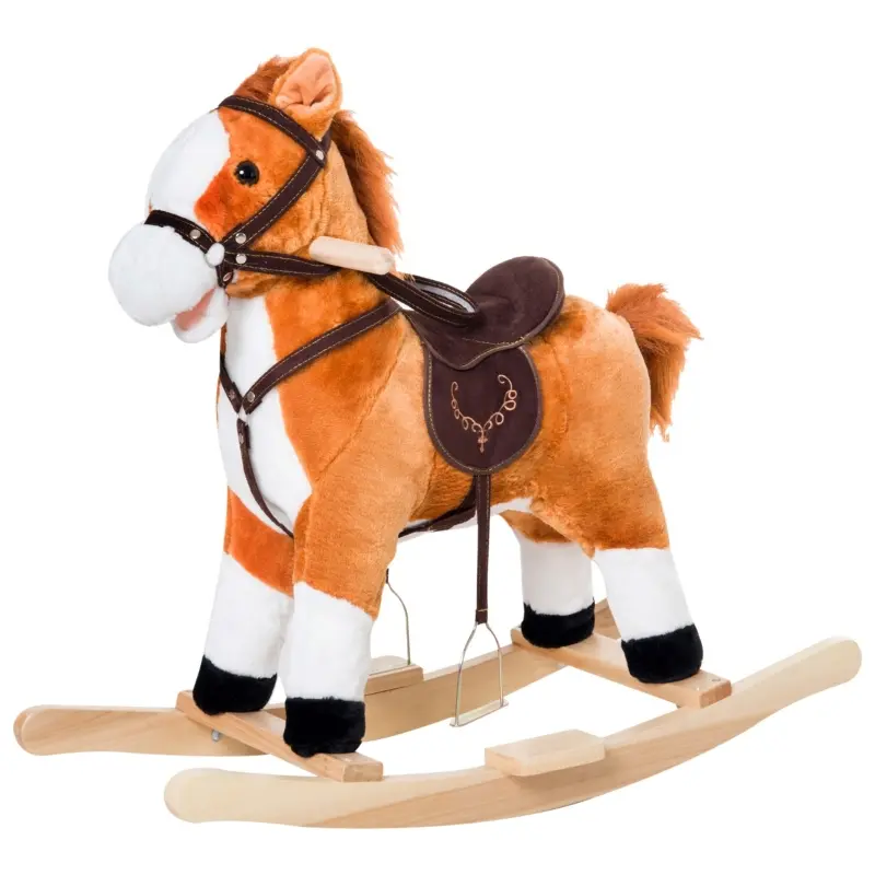 Qaba Kids Plush Toy Rocking Horse, Wooden Ride-on Chair, Plush Animal Rocker with Realistic Sounds and Moving Tail for Toddlers, Brown