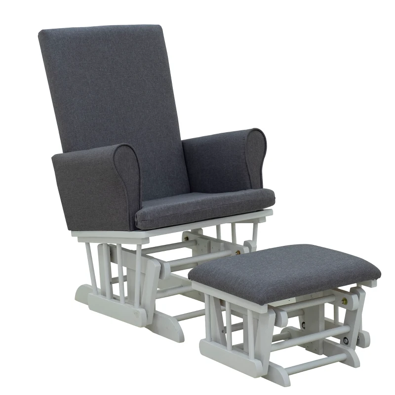 HomCom 2 Piece Rubberwood Linen Glider Rocking Chair with Ottoman Set - Grey