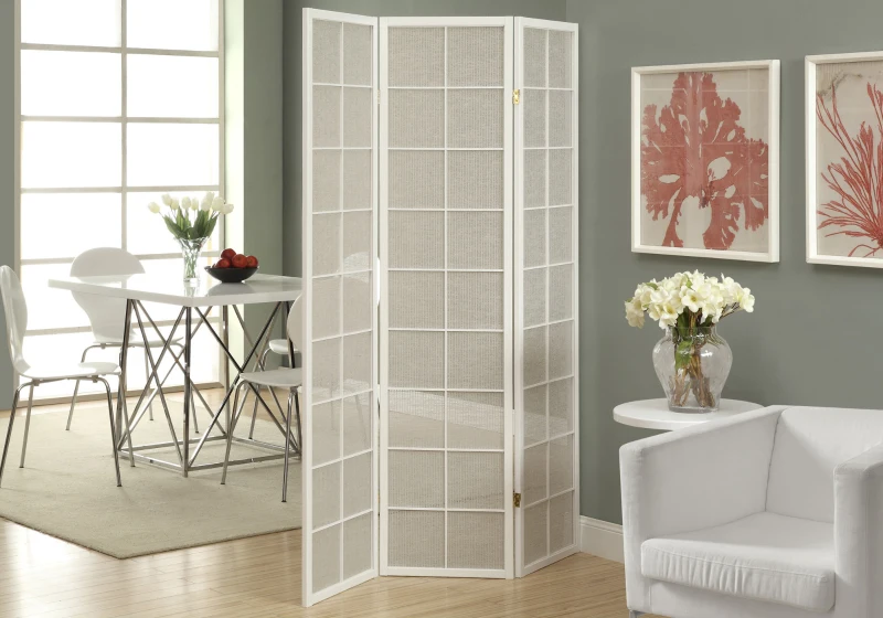 Monarch 3-Panel Contemporary Folding Privacy Screen Room Divider with Fabric Inlay - White Wood Frame