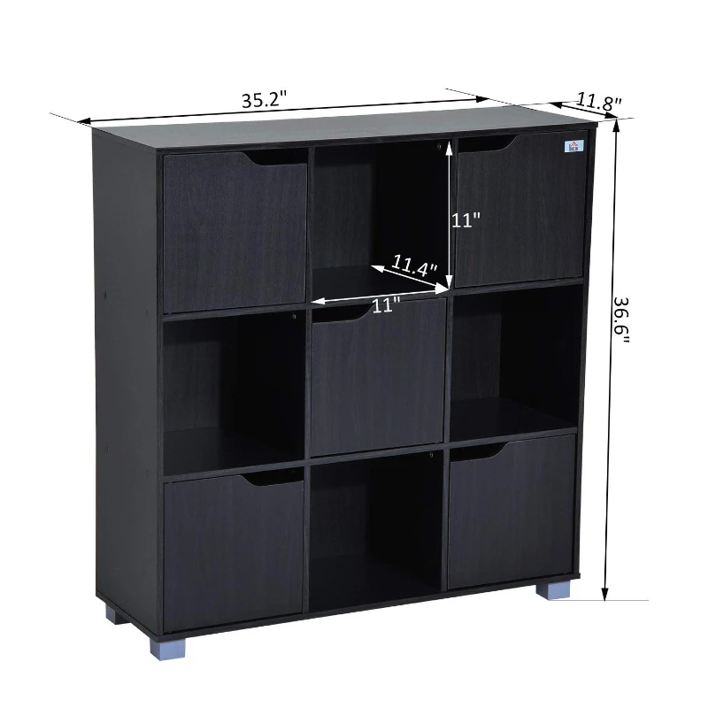 HomCom 37” Office Bookshelf 9 Cube Storage Organizer With Doors - Black