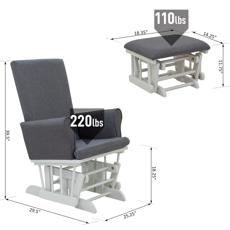 HomCom 2 Piece Rubberwood Linen Glider Rocking Chair with Ottoman Set - Grey