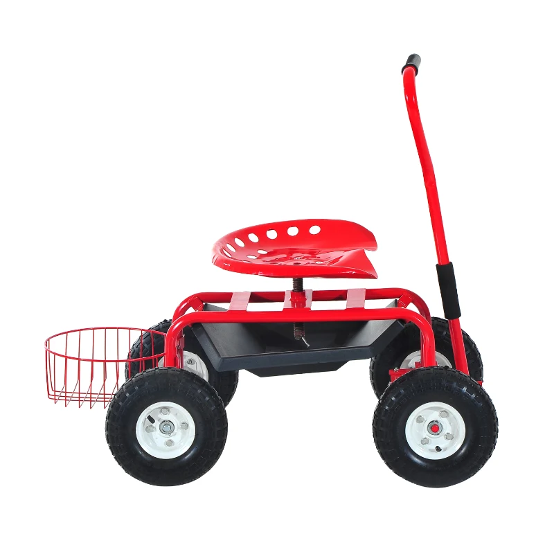 Outsunny Rolling Garden Work Cart with 360 Degree Swivel Seat and Bucket Basket - Red