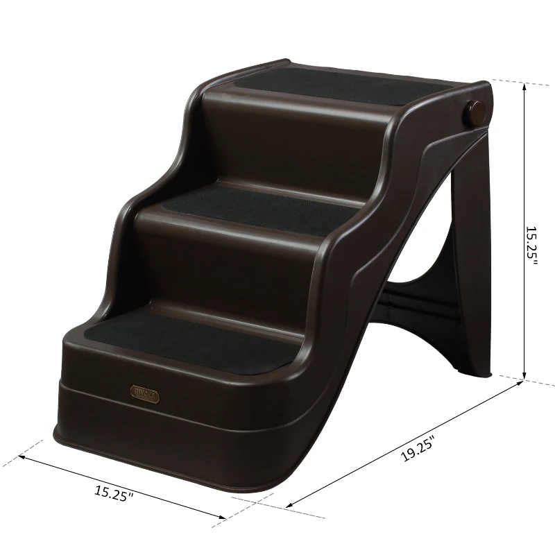 PawHut 3 Step Portable Folding Pet Stairs Ramp Easy Climb Step Stool With Anti-Slip Mat - Espresso Brown