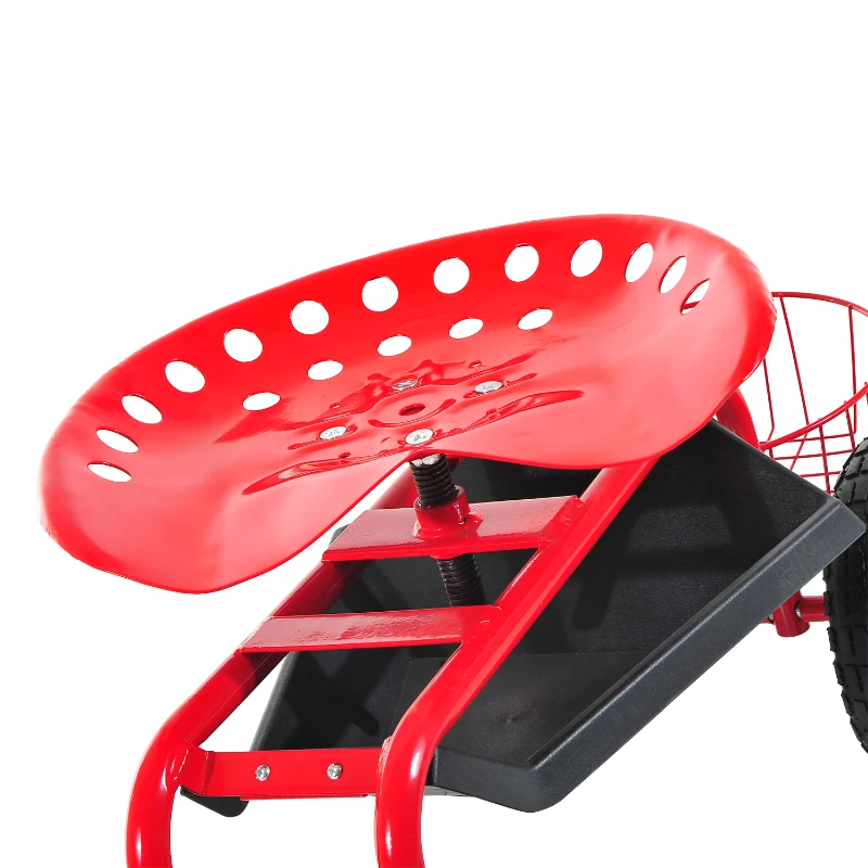 Outsunny Rolling Garden Work Cart with 360 Degree Swivel Seat and Bucket Basket - Red