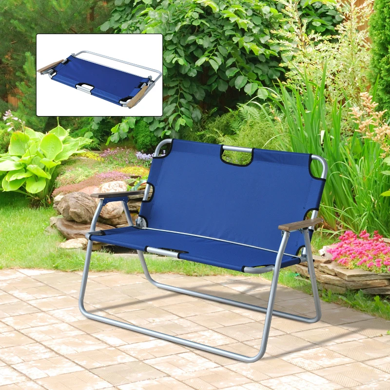 Outsunny 2-Person Folding Aluminum Love Seat Camping Chair - Blue