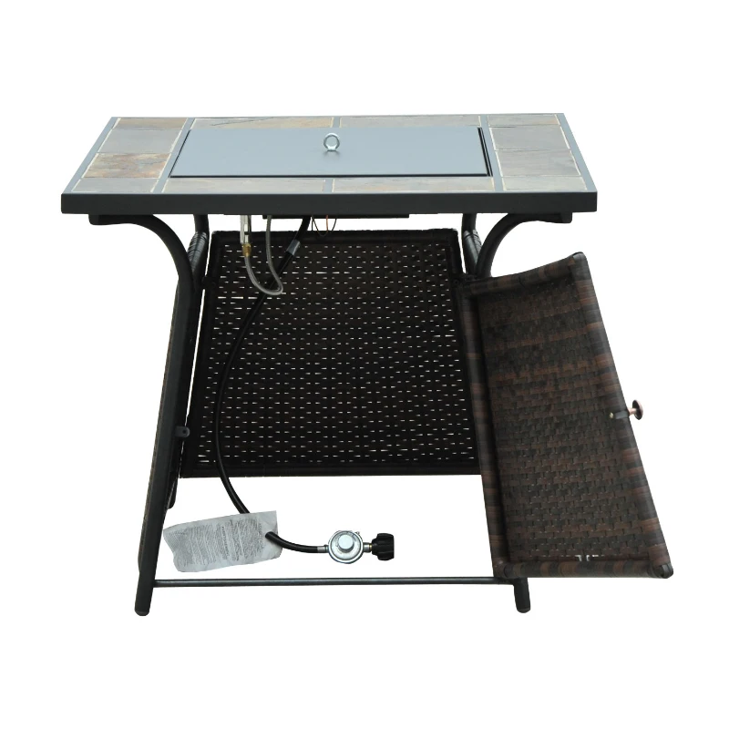 Outsunny 32” 40,000 BTU Lava Rock Gas Grill Tile Table Top Wicker Fire Pit