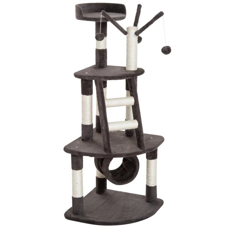 PawHut 48" Indoor Cat Scratching Post Activity Climbing Tree Condo with Ball - Beige/Dark Brown