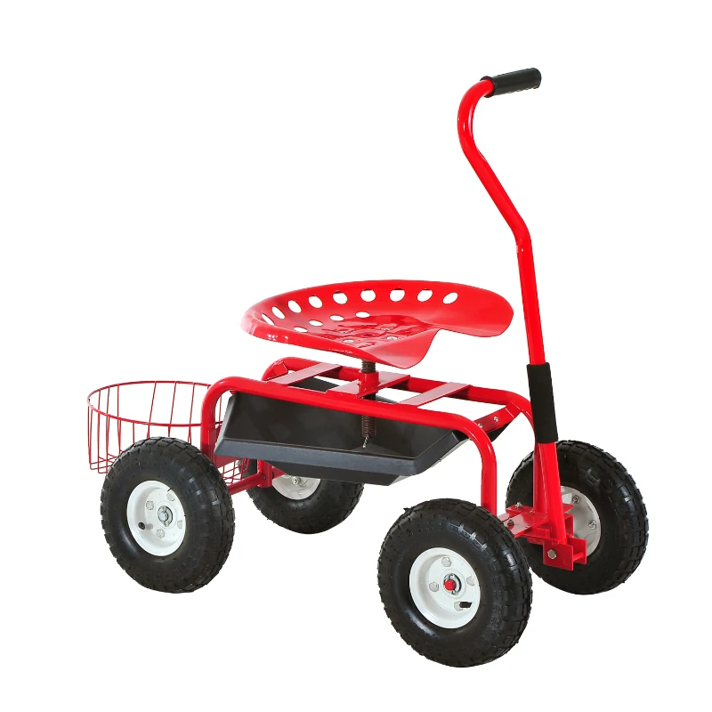 Outsunny Rolling Garden Work Cart with 360 Degree Swivel Seat and Bucket Basket - Red
