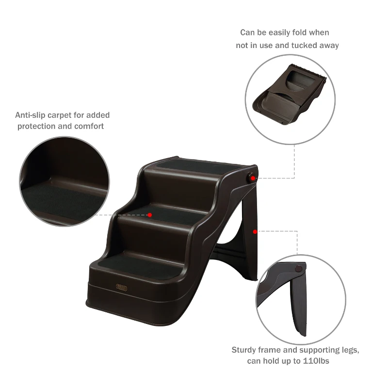 PawHut 3 Step Portable Folding Pet Stairs Ramp Easy Climb Step Stool With Anti-Slip Mat - Espresso Brown