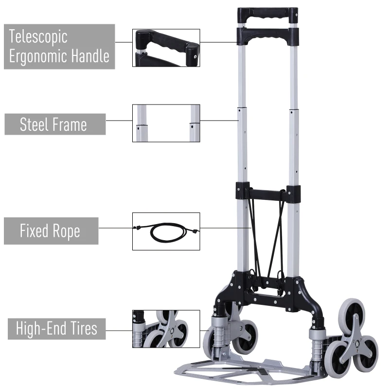 DURHAND 6-Wheels Up Stairs Trolley Hand Trucks Foldable Steel Load Cart W/ Fixed Rope