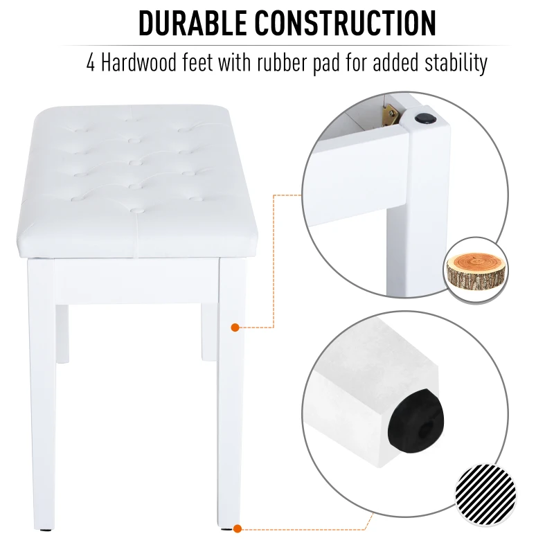HomCom Piano Bench with Storage Faux Leather Padded Double / Duet w/ Music Storage - White