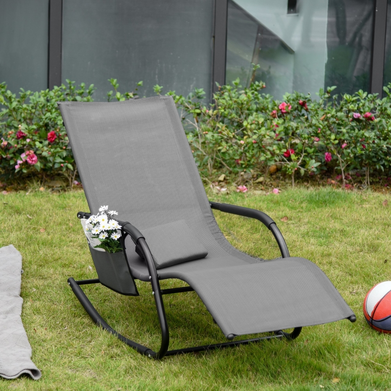 Outsunny Outdoor Rocking Recliner, Sling Sun Lounger with Removable Headrest and Side Pocket for Garden, Patio and Deck, Grey