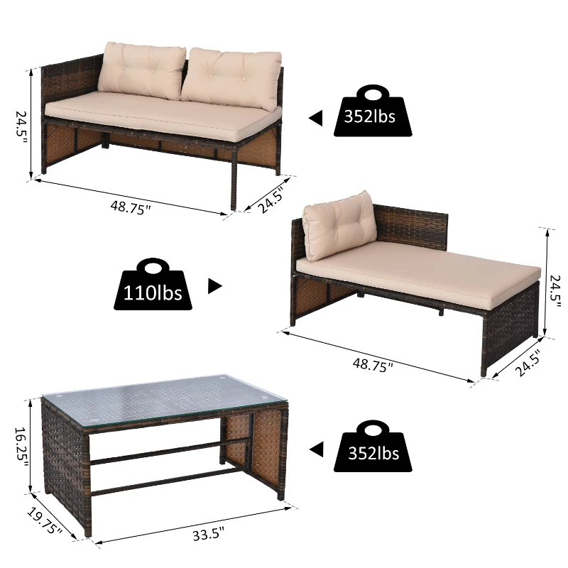 [Pick Up] Outsunny 3pcs Outdoor Rattan Wicker Sofa and Chaise Lounge Set with Cushion Garden Patio Furniture Brown and Beige