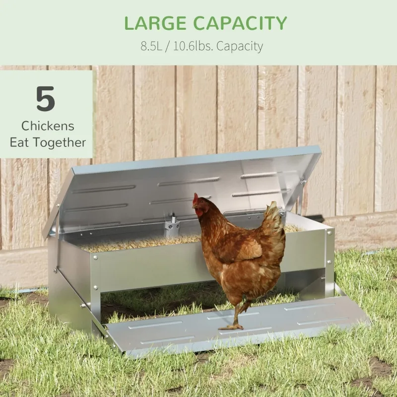 PawHut 10.6lbs Automatic Chicken Feeder Aluminum Poultry Feeders with Lid, Treadle, Rat Proof & No Spill with Weatherproof, Silver