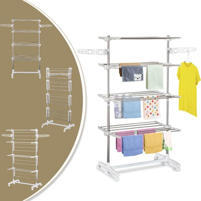 HOMCOM 4 Layers Folding Laundry Rack Stand Dryer Storage Towel Rack Rolling