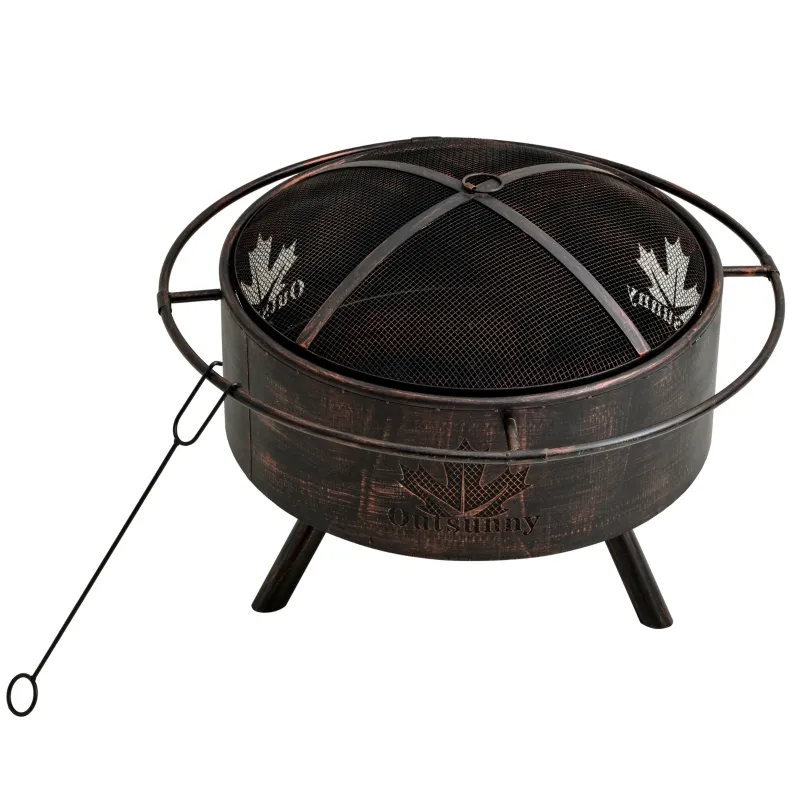 Outsunny 30" Outdoor Fire Pit with Screen Cover, Portable Wood Burning Firebowl Basin with Poker for Patio, Backyard, Black