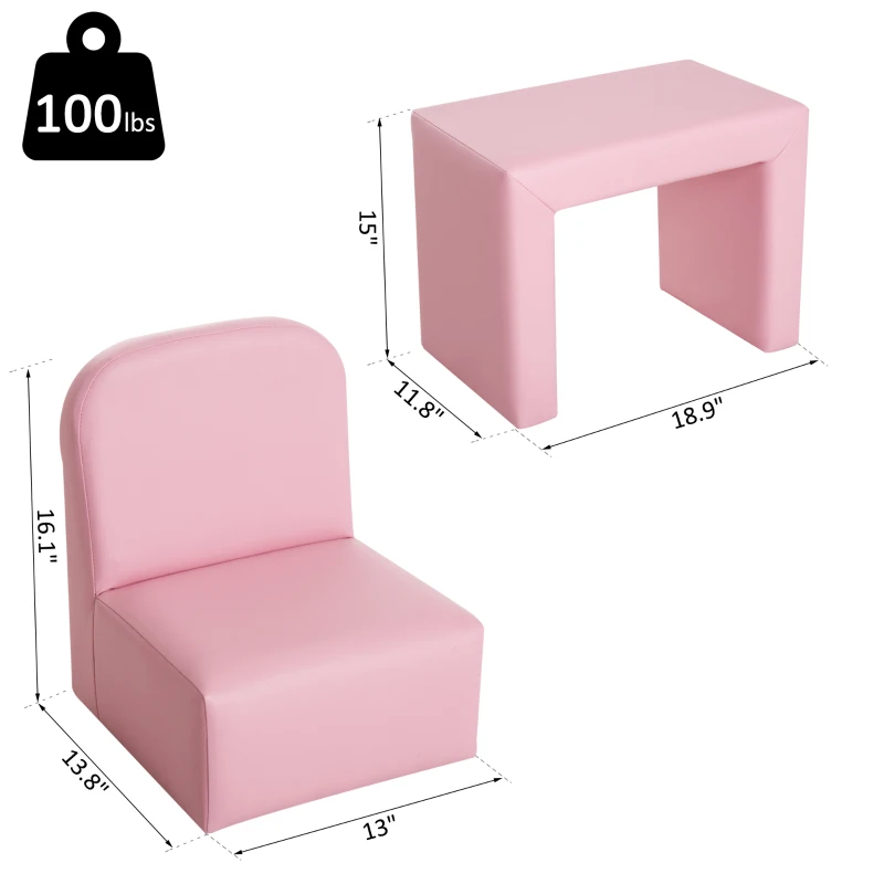 Qaba Kids Armchair 2-in-1 Multifunctional Children Armchair Kids Table & Sofa Set Pink