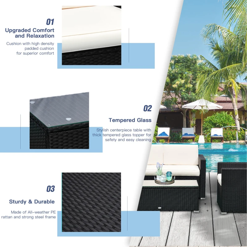 Outsunny Patio Sectional 4pcs Outdoor Rattan Wicker Sofa Set Outdoor Furniture with Cushions 