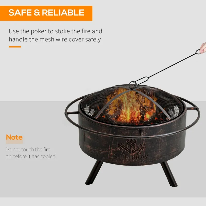 Outsunny 30" Outdoor Fire Pit with Screen Cover, Portable Wood Burning Firebowl Basin with Poker for Patio, Backyard, Black