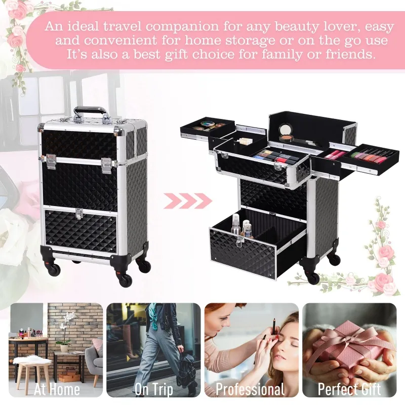 Homcom Makeup Case 20”Train Pro Aluminum Rolling Train Case Wheeled Box Upright Studded Black