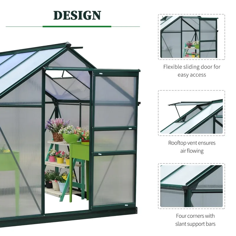 Outsunny 6.2' x 6.3' x 6.6' Clear Polycarbonate Greenhouse Large Walk-In Green House Garden Plants Grow Galvanized Base Aluminium Frame w/ Slide Door