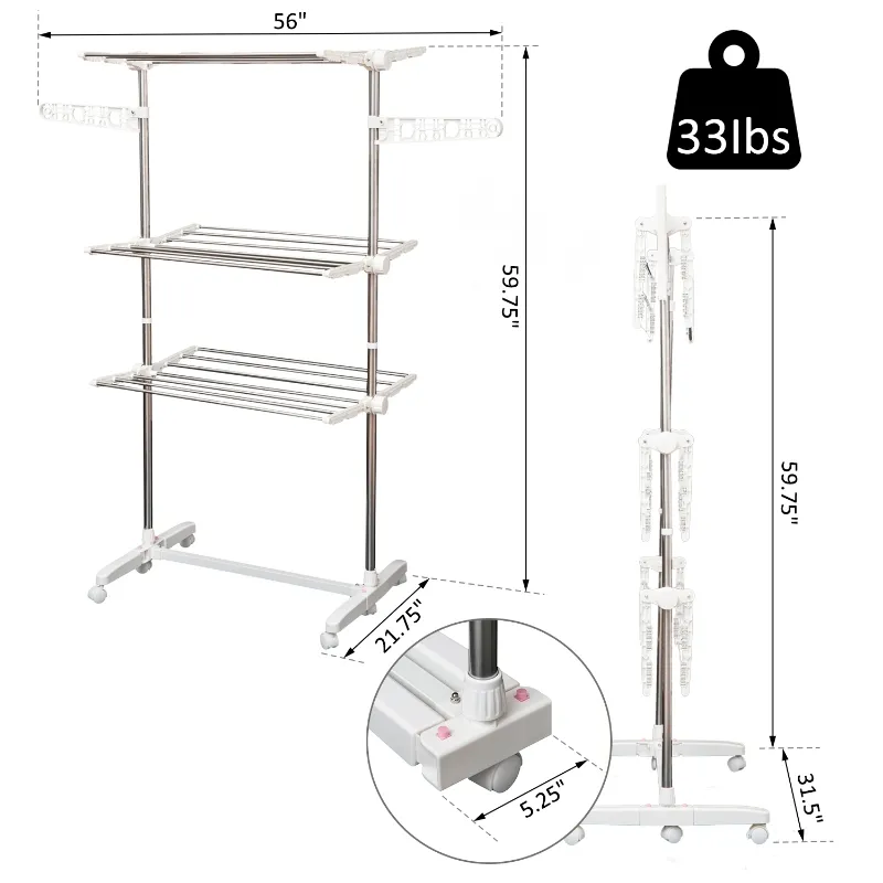 HOMCOM 3-Tier Clothes Drying Rack Foldable Laundry Dryer Hanger Airer Compact Storage Stainless Steel Hanging Rods