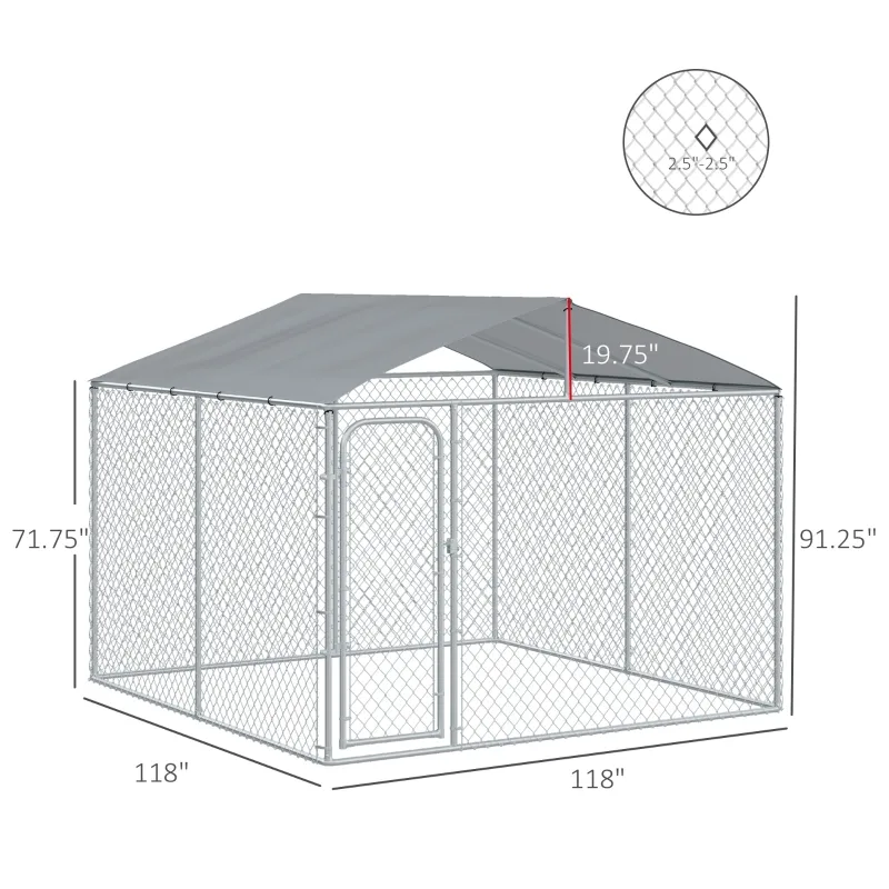 PawHut Outside Dog Kennels 10'Lx10'Wx6'H Large Outdoor Dog Playpen Galvanized Pet Exercise House Cage with Canopy Roof, Silver