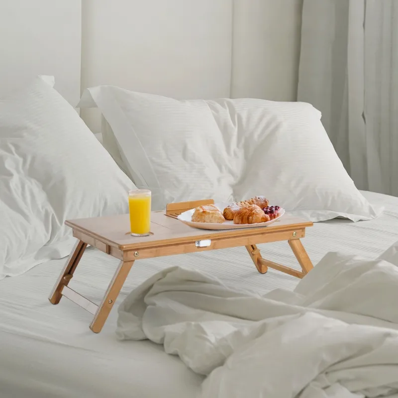 HOMCOM Bed Tray Table Foldable Bamboo Wood Laptop Stand Notebook Desk Table with Drawer, Adjustable Cooling Bed and Legs