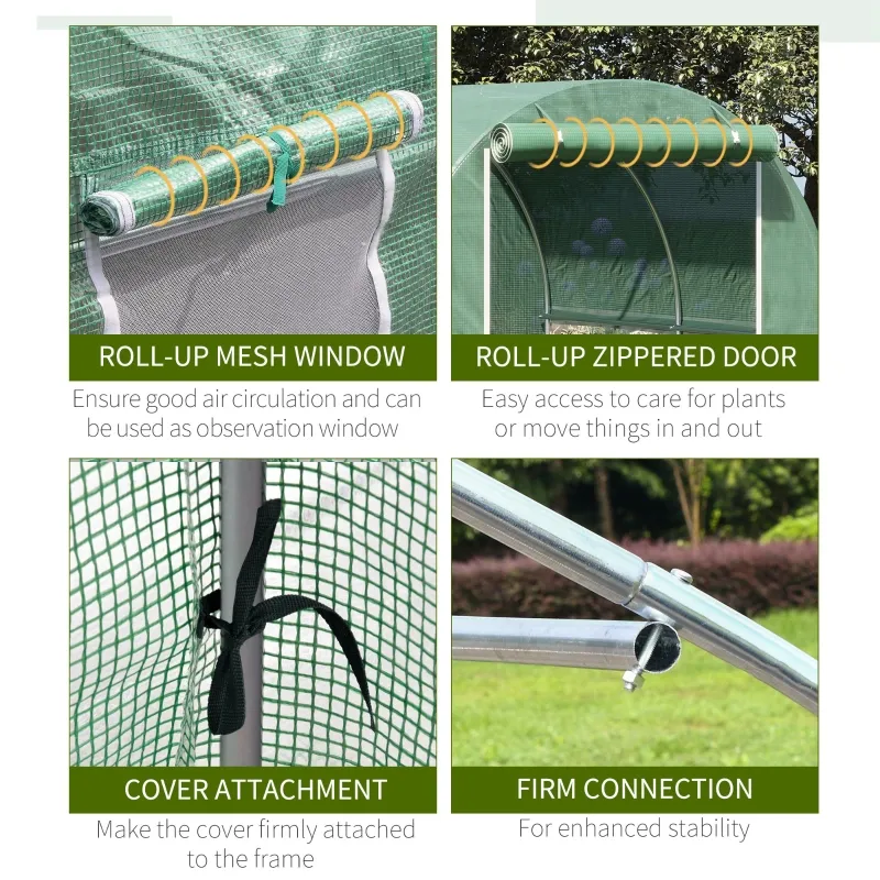 Outsunny 6.6' x 6.6' x 6.6' Tunnel Greenhouse Outdoor Walk-In Hot House with Roll-up Windows and Zippered Door, Steel Frame, PE Cover, Green