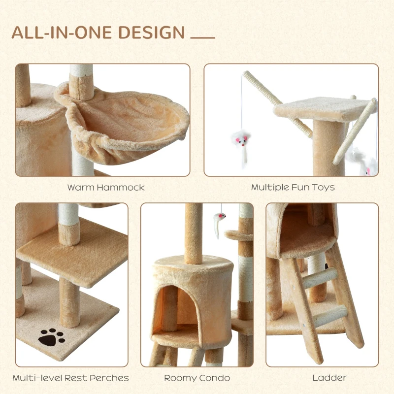 PawHut Cat Jungle Gym 52" Multi-Level Cat Tree Kitten Playhouse Kitty Activity Center Scratching Post Rest Condo with Hammock Beige