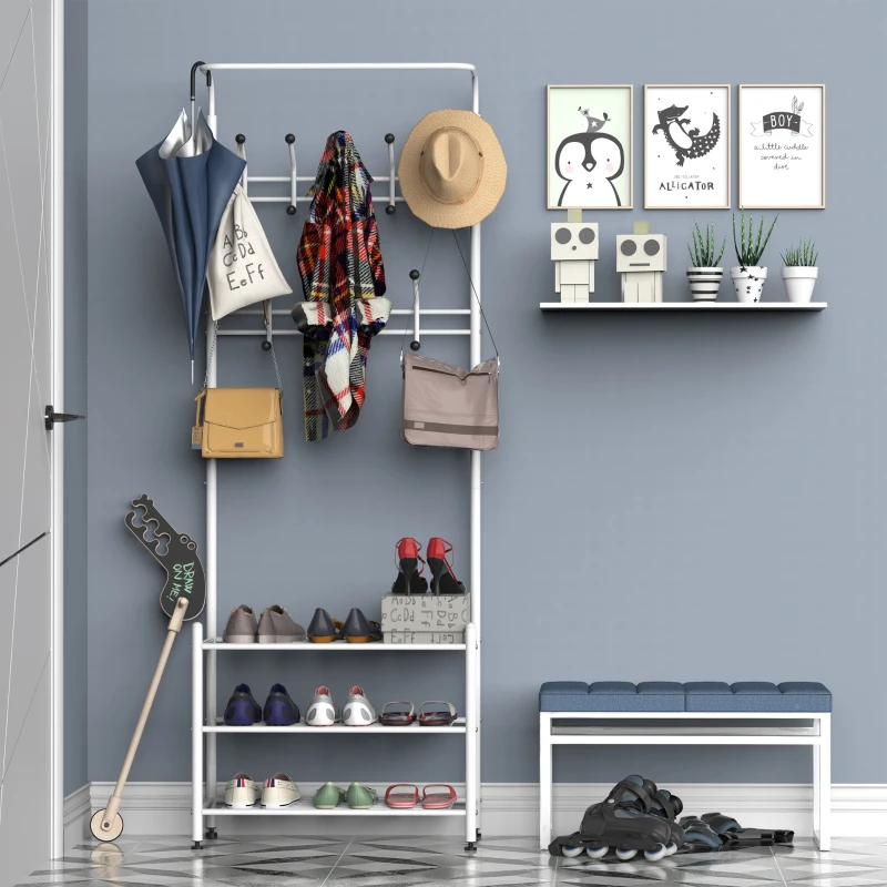 HOMCOM Coat and Shoe Rack Heavy Duty 2-In-1 Entryway Hall Tree 18 Hooks with 3 Tier Shelves White