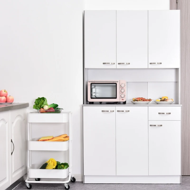 HOMCOM White Kitchen Cupboards 71” Buffet Server Microwave Storage Cabinet Hutch- White
