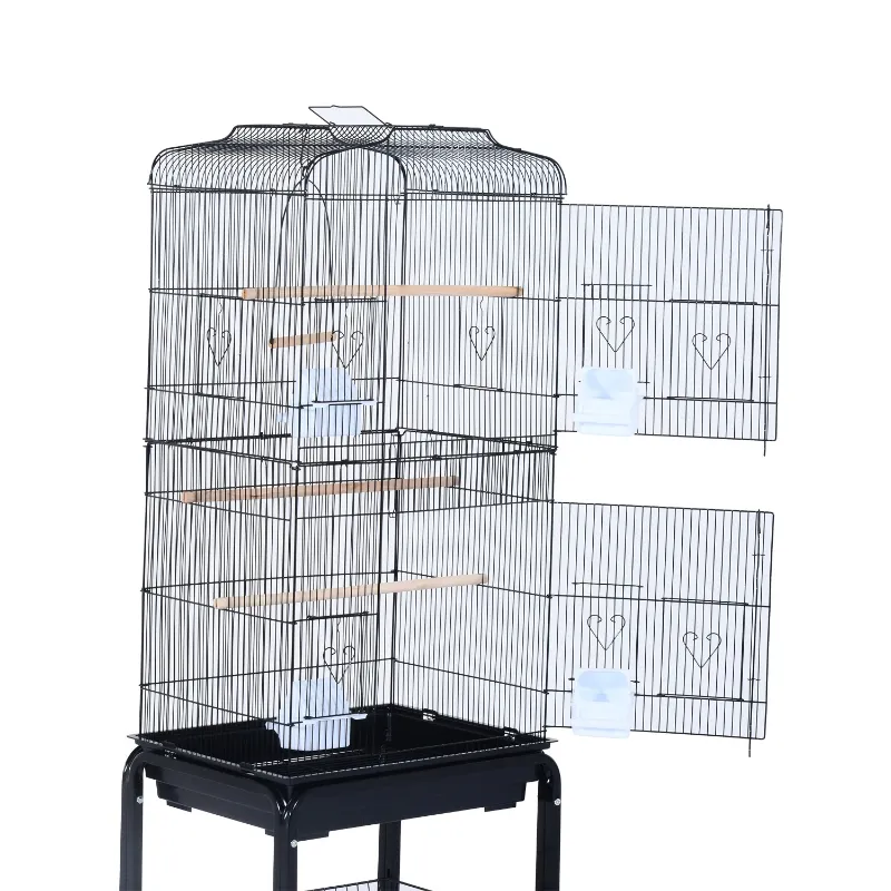 PawHut Budgie Cage 63" Rolling Bird Cage Macaw Cockatoo House Parrot Play Top Finch Pet Supply with Wheels Black