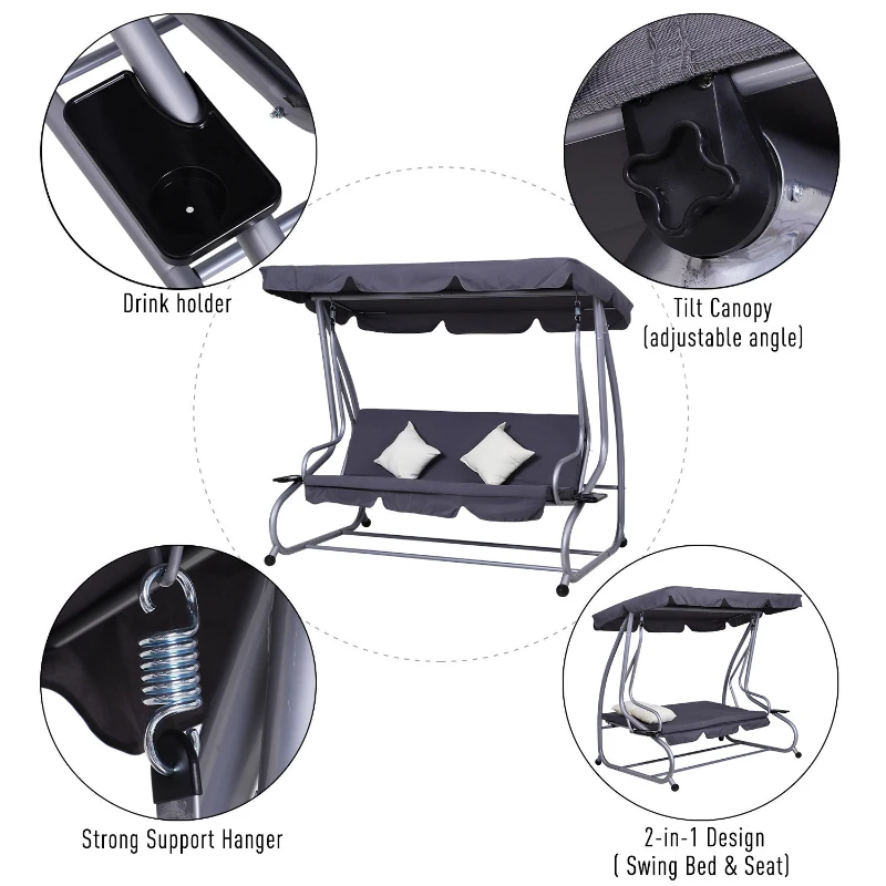 [Pick UP] Outsunny Heavy-duty Metal 3 Seater Covered Outdoor Swing Chair Garden Hammock and Bed with Frame, Canopy and 2 Pillows (Grey)