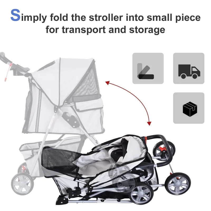 PawHut Jogging Stroller 4 Wheel Pet Stroller Carrier Folding Sunshade Oxford Cloth Canopy w/Brake Lightweight Reflective Strip Grey